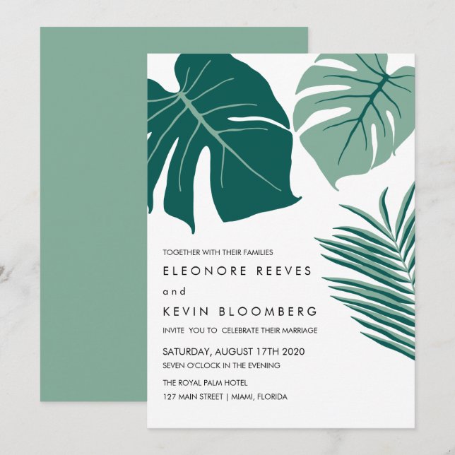 Monstera | Grün | Tropische Blätter Hochzeit Einladung (Vorne/Hinten)