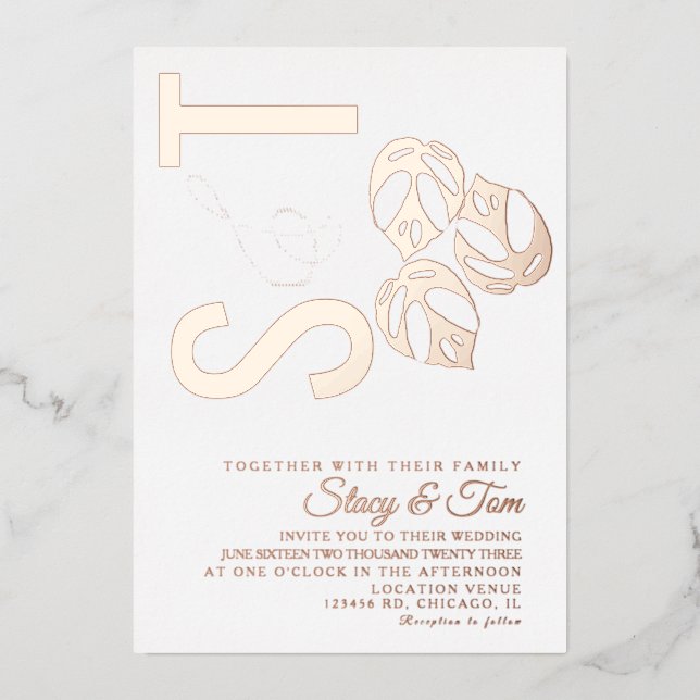 Monstera Leaf Ampersand Hochzeit gepresst Folieneinladung (Vorderseite)