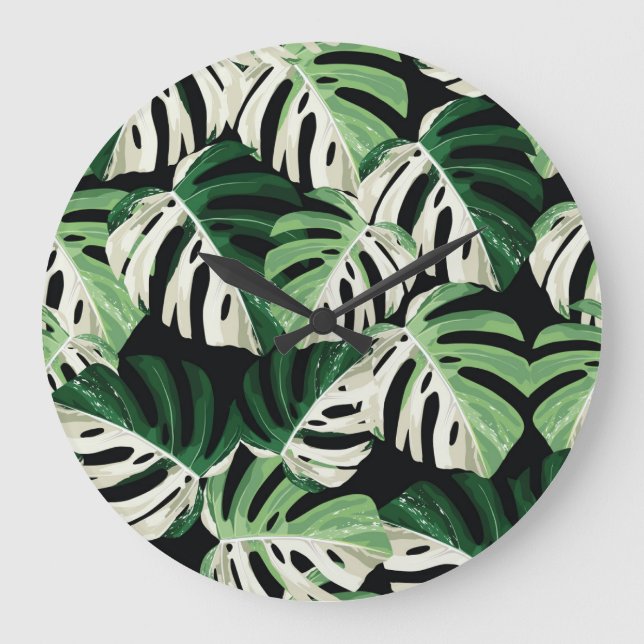 Monstera Leaf Exotic Black Pattern Große Wanduhr (Vorderseite)