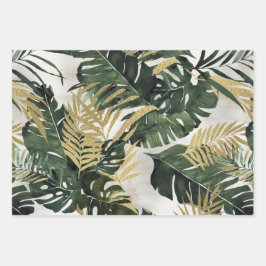 Monstera Leaf & Gold Majesty Palm Leaf Grüne Geschenkpapier Set