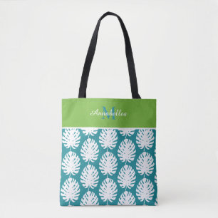 Monstera Leaf Green Aqua White Monogram Beach Pool Tasche
