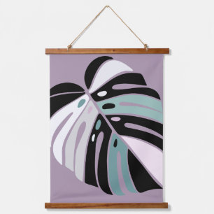 Monstera Leaf - Lila grünes Schwarz-weiß Wandteppich Mit Holzrahmen