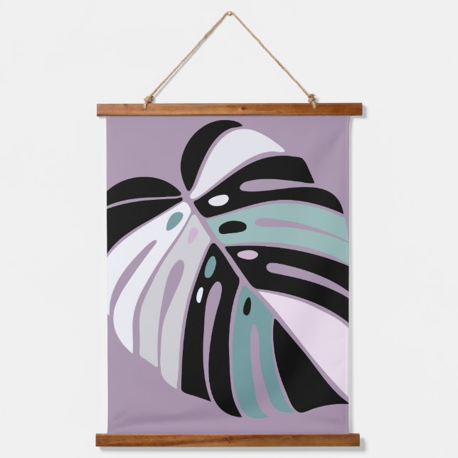 Monstera Leaf - Lila grünes Schwarz-weiß Wandteppich Mit Holzrahmen (Vorderseite)