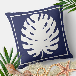 Monstera Leaf Navy Blue and White Coastal Moderne Kissen