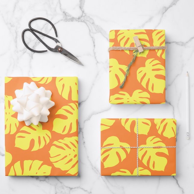 Monstera Leaf Pflanze Botanisch in Gelb und Orange Geschenkpapier Set (Vorderseite)