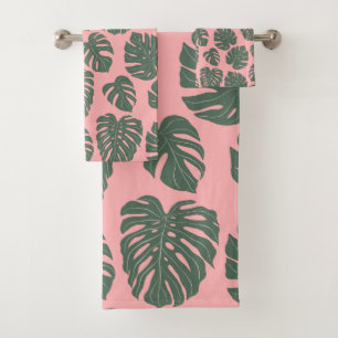 Monstera Leaf Pflanze Botanisch in Rosa und Grün  Badhandtuch Set