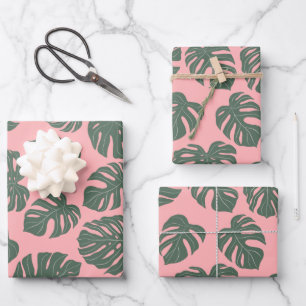 Monstera Leaf Pflanze Botanisch in Rosa und Grün Geschenkpapier Set
