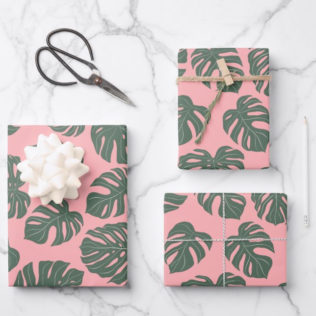 Monstera Leaf Pflanze Botanisch in Rosa und Grün Geschenkpapier Set (Vorderseite)