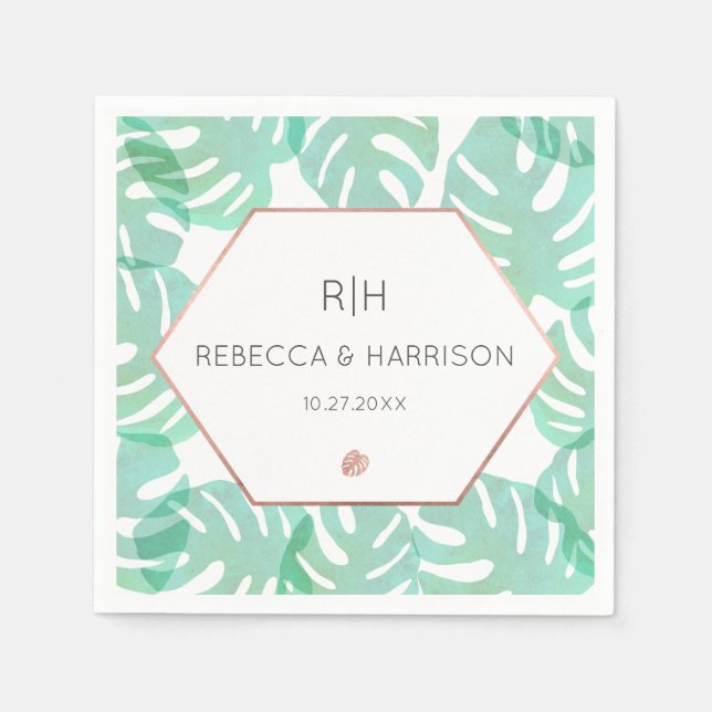 Monstera Leaf & Rose Gold Serviette (Vorderseite)