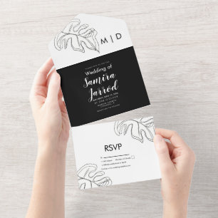 Monstera Leaf Schwarz-weiße Hochzeit All In One Einladung