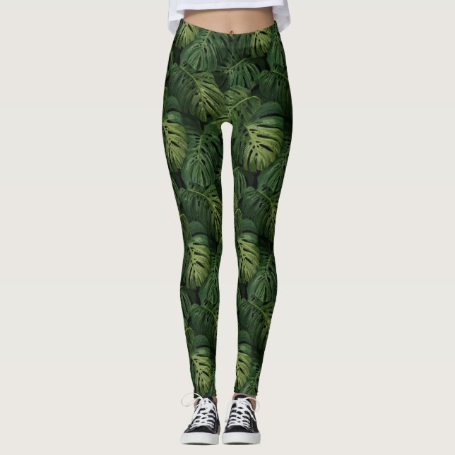 Monstera Leaf Tropical Pattern Leggings (Vorderseite)