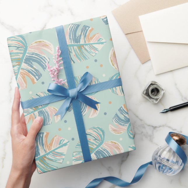 Monstera Leaf - Türkis, Grün, Korallen, Senf Geschenkpapier (Schenken)