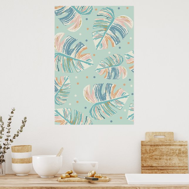 Monstera Leaf - Türkis, Grün, Korallen, Senf Poster (Küche)