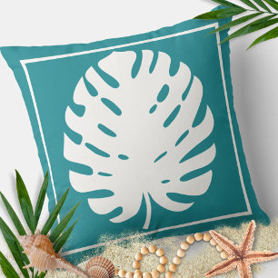 Monstera Leaf türkisfarbene weiße Küste Moderne Kissen