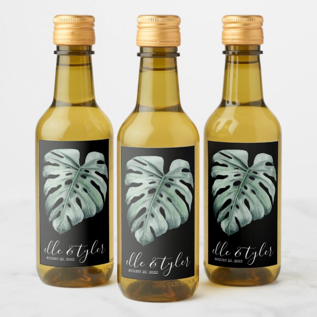Monstera Leaf Wedding Mini Weinflasche Etikett (Flaschen)
