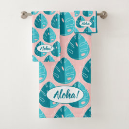 Monstera Leaves - Blue and Pink Badhandtuch Set
