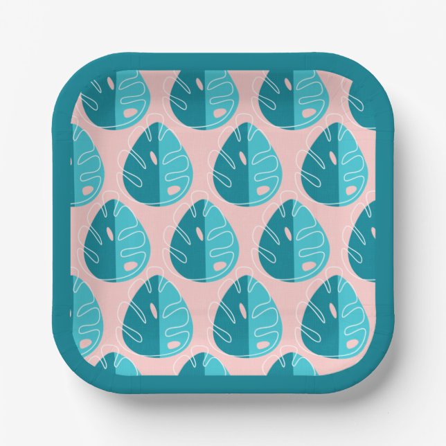 Monstera Leaves - Blue and Pink Pappteller (Vorderseite)
