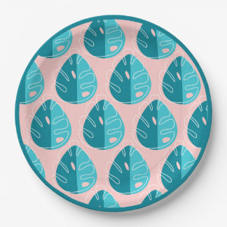 Monstera Leaves - Blue and Pink Pappteller