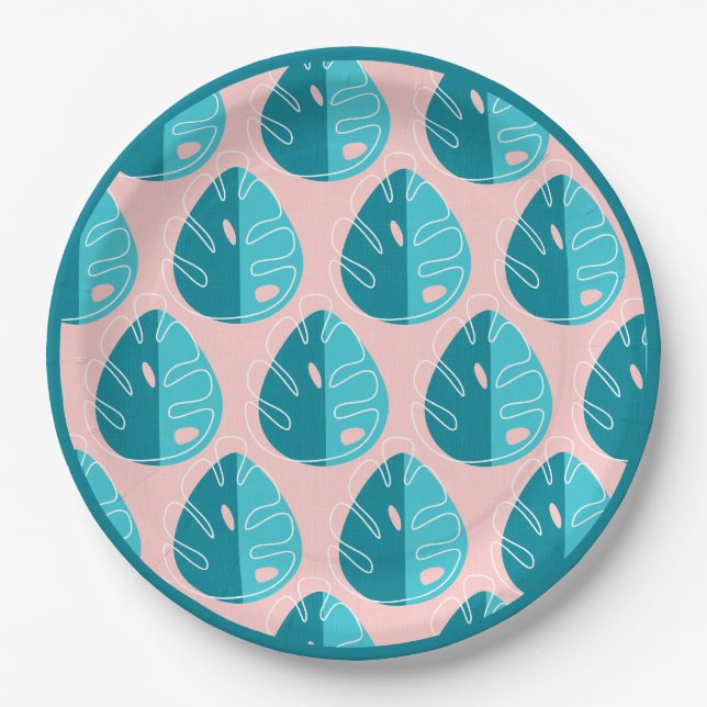 Monstera Leaves - Blue and Pink Pappteller (Vorderseite)