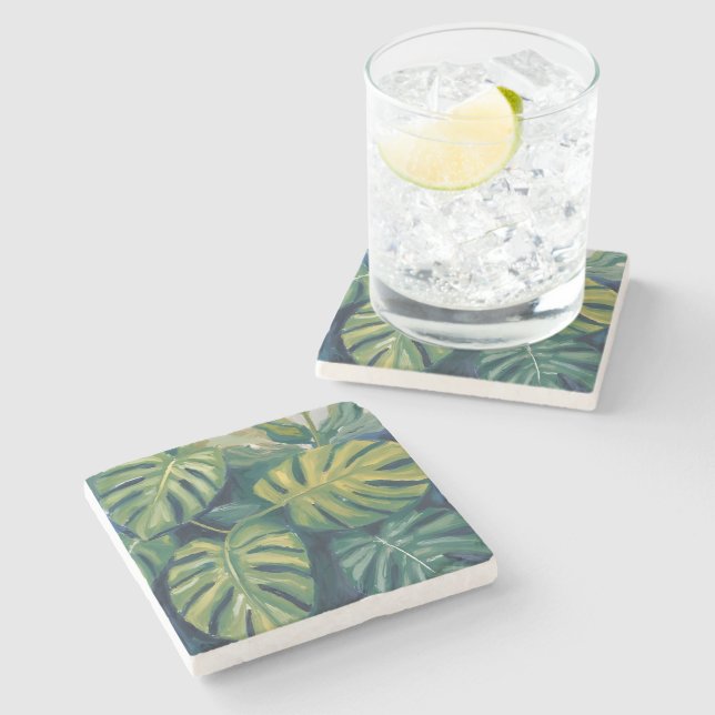 Monstera Leaves Botanical Watercolor Steinuntersetzer (Seitenansicht)