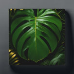 Monstera Leaves Gold Jungle Glamour Fotoplatte<br><div class="desc">Indulge in sophisticated jungle opulence with this stunning high-contrast botanical! Oversized, glossy Monstera leaves gleam in deep emerald green with luxurious metallic-gold veins and delicate gold outlining, set against a dramatic inky black backdrop. Layered palm fronds add depth and richness, creating an instantly glamorous, modern-tropical statement that exudes elegance and...</div>