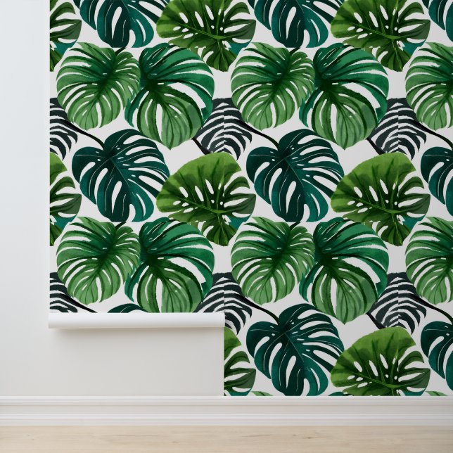Monstera Leaves Watercolor Modern Botanical Art Tapete (Anwendung)