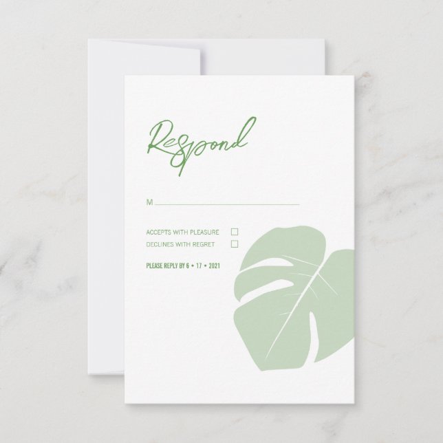 Monstera ・ Moderne Tropische Hochzeit ・ Grünes Lea RSVP Karte (Vorderseite)