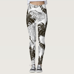 Monstera Monochrom: Nahtloses Schwarz-Weiß. Leggings