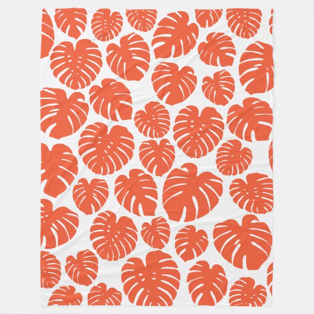 Monstera - Orange und Weiß Fleecedecke (Vorderseite)