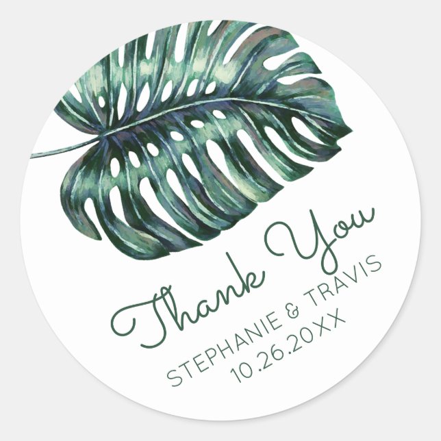 Monstera Palm Leaf Tropical Wedding Vielen Dank Runder Aufkleber (Vorderseite)