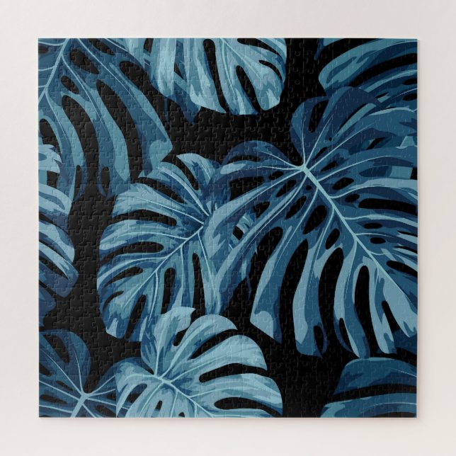 Monstera Pflanze: blaues Blätter Muster. (Vertikal)