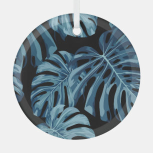 Monstera Pflanze: blaues Blätter Muster. Ornament Aus Glas