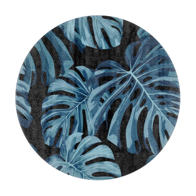 Monstera Pflanze: blaues Blätter Muster. Schneidebrett (Vorderseite)