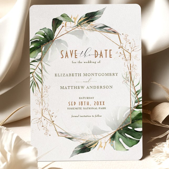 Monstera Save the Date Green & Gold Wedding Einladung (Von Creator hochgeladen)