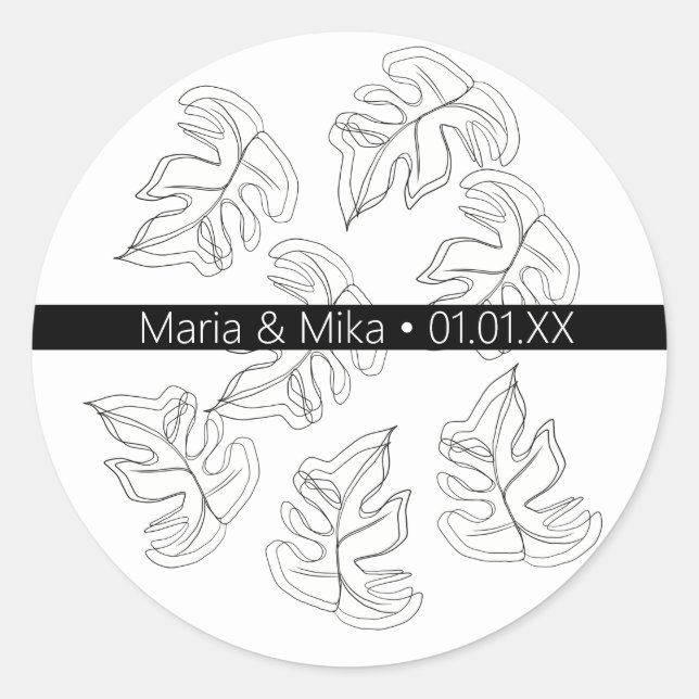 Monstera Schwarz-weiße botanische Hochzeit Runder Aufkleber (Vorderseite)