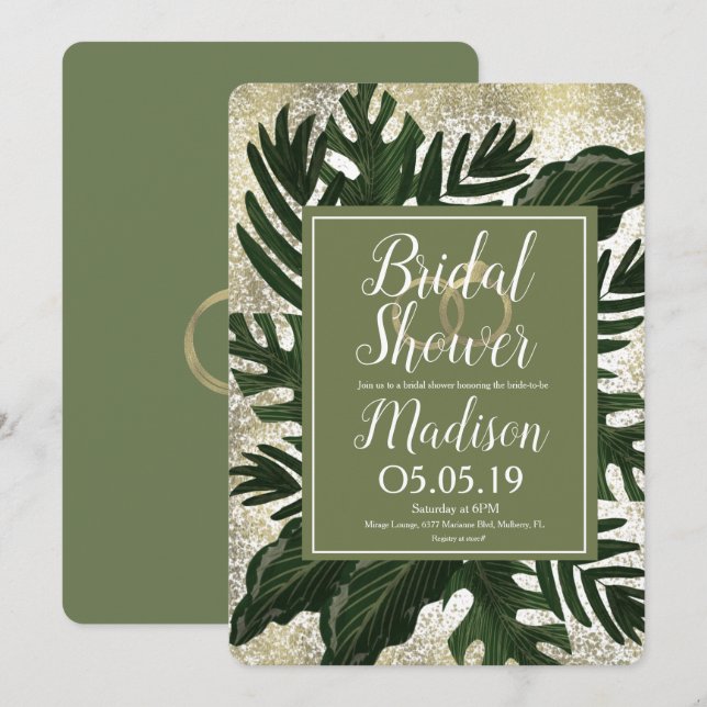 Monstera Tropical Imitats Gold Splash Brautparty Einladung (Vorne/Hinten)