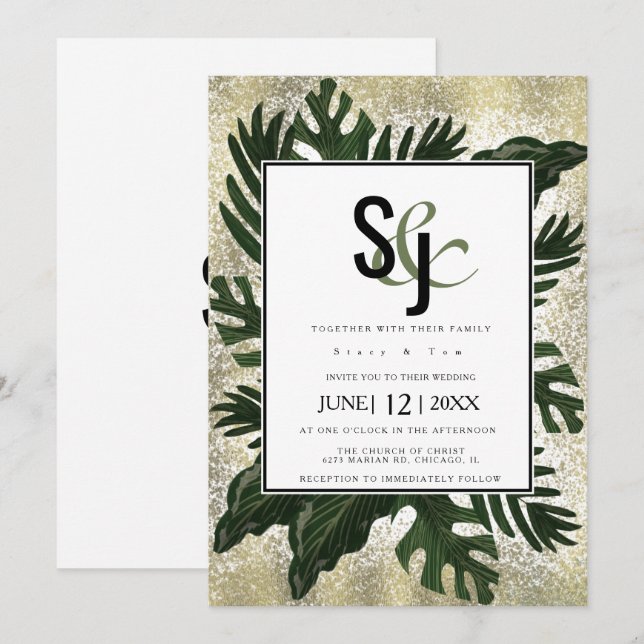 Monstera Tropical Imitats Gold Splash Wedding Suit Einladung (Vorne/Hinten)