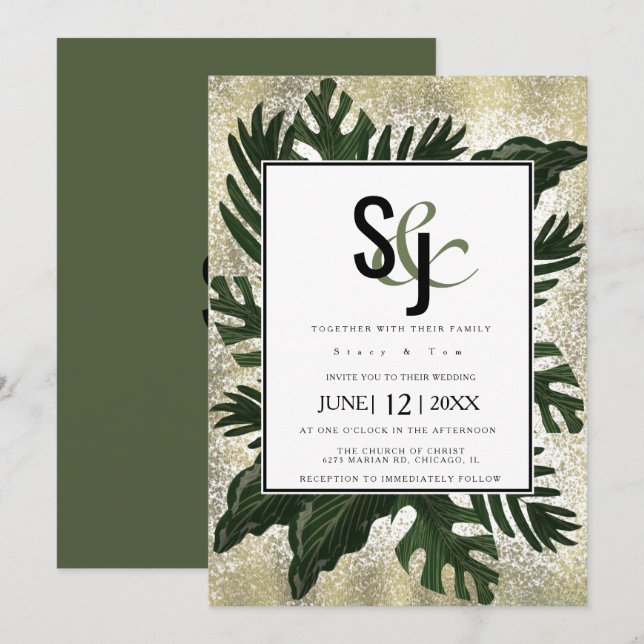 Monstera Tropical Imitats Gold Splash Wedding Suit Einladung (Vorne/Hinten)