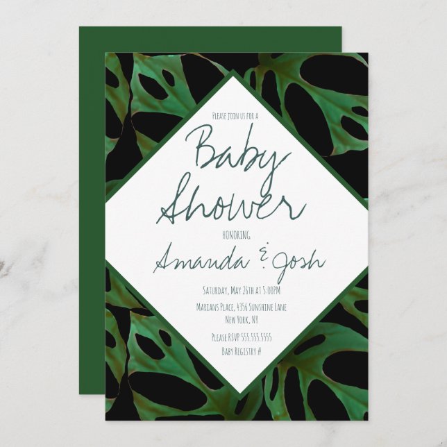 Monstera Tropical Leaf Muster Kinderdusche schwarz Einladung (Vorne/Hinten)