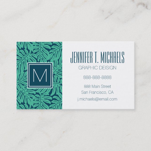 Monstera Tropical Leaf Muster| Monogramm Visitenkarte (Vorderseite)