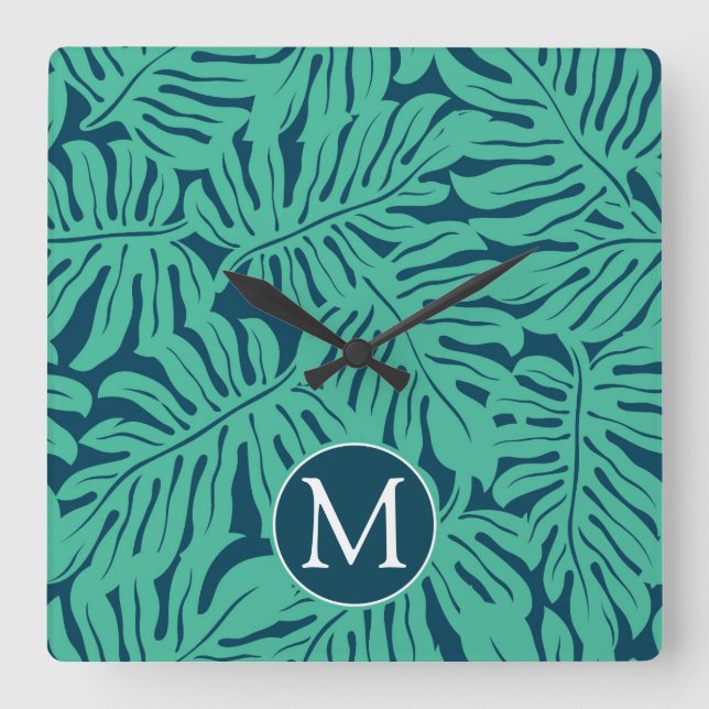 Monstera Tropical Leaf Pattern | Monogramm Quadratische Wanduhr (Vorderseite)
