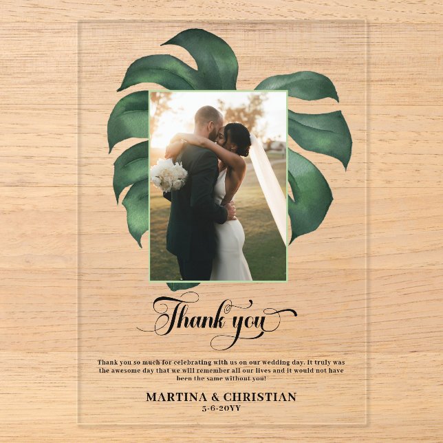 Monstera Tropical Leaf Wedding Vielen Dank Acryleinladungen (Vorderseite)