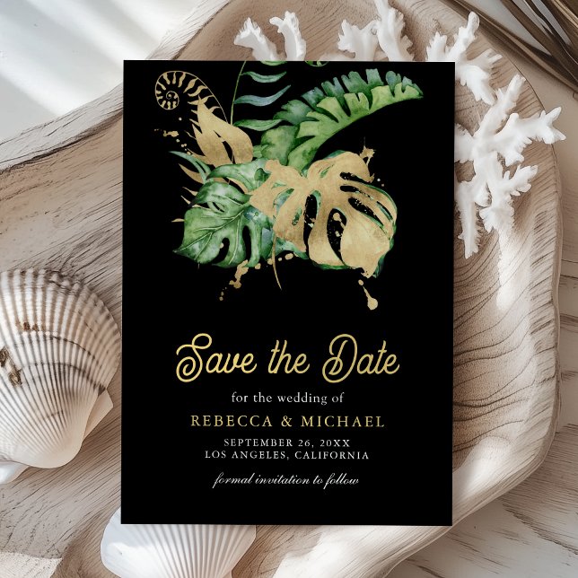 Monstera Tropical Palm Foto Black Wedding Save The Date (Von Creator hochgeladen)