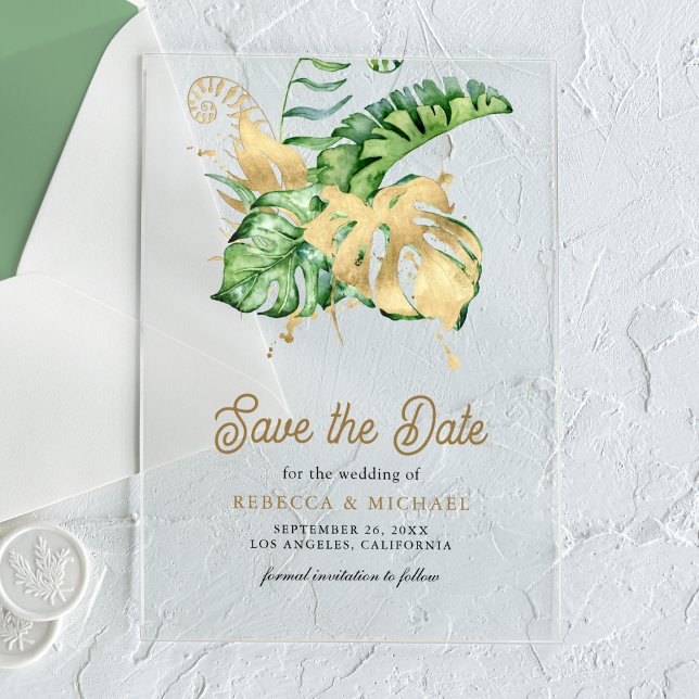 Monstera Tropical Palm Wedding Save the Date Acryleinladungen (Von Creator hochgeladen)