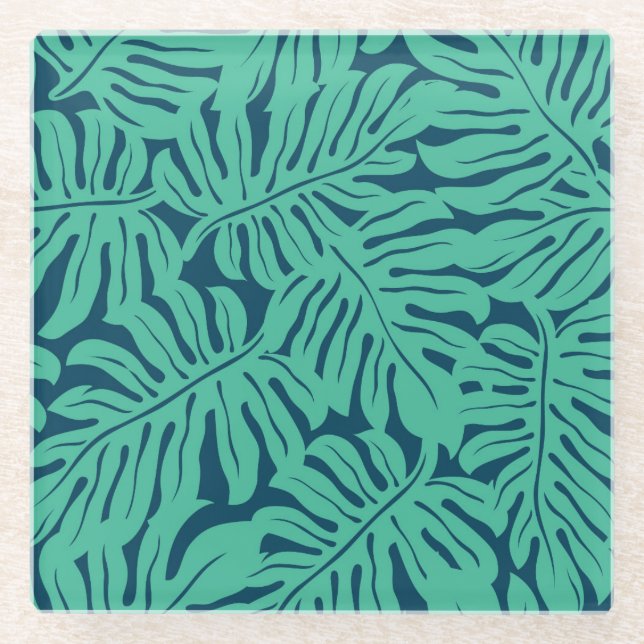 Monstera tropisches Blatt-Muster Glasuntersetzer (Vorderseite)