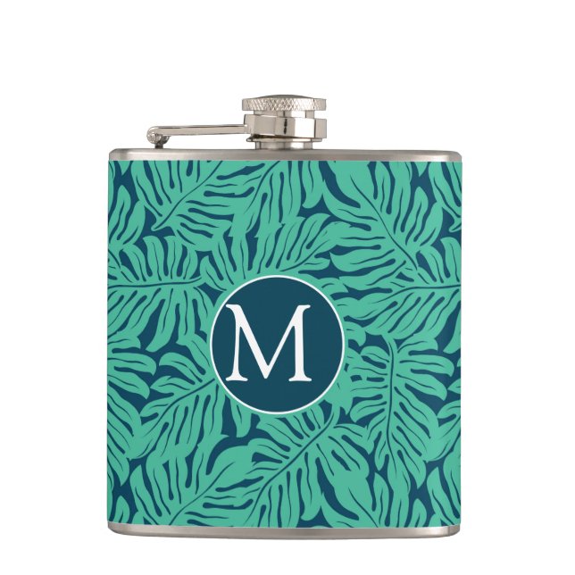Monstera tropisches Monogramm des Blatt-Muster-| Flachmann (Vorderseite)