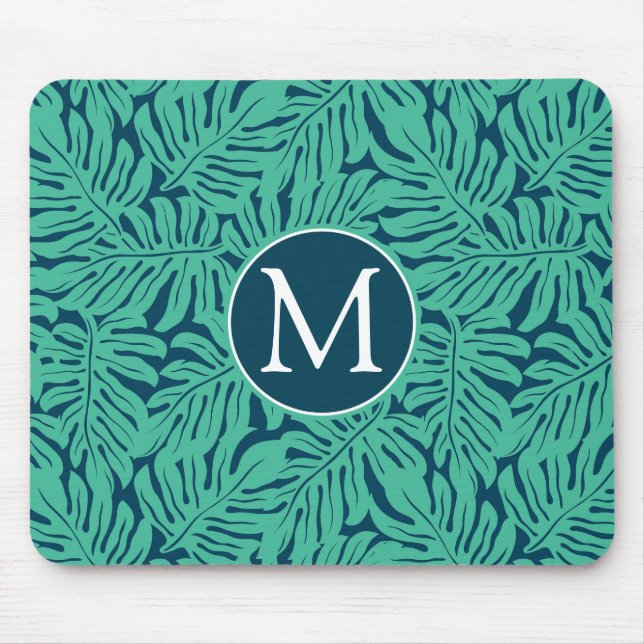 Monstera tropisches Monogramm des Blatt-Muster-| Mousepad (Vorne)
