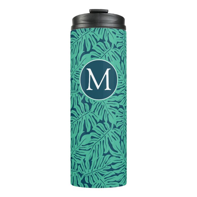 Monstera tropisches Monogramm des Blatt-Muster-| Thermosbecher (Vorderseite)