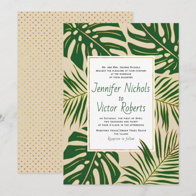 Monstera und Blätter aus Palmen, beige Hochzeit Einladung (Vorne/Hinten)