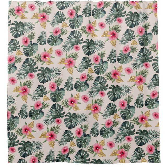Monstera und Hibiskus Pattern Duschvorhang (Vorderseite)